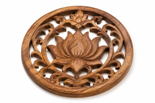 Carved sheesham lotus panel Set of 2 Brass Motif Wall Plates