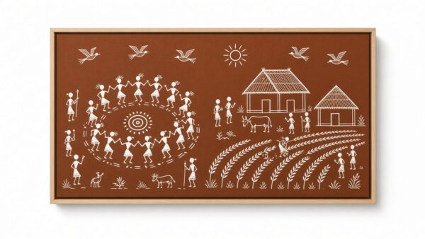 Warli Harvest Village framed canvas wall painting
